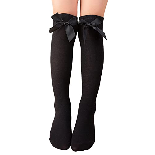 2 Pairs Girls Knee High Bow Socks Long Boot Socks School Uniform Socks Over Calf Socks Bowknot Socks for Kids Black