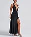 Ekaliy Women's Sexy Halter Deep V Neck Maxi Dress Sleeveless Backless High Slit Ruched Long Dress Summer Party Cocktail Dress Black