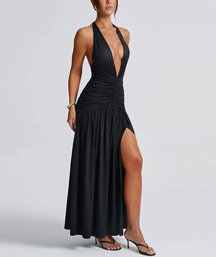 Image of Ekaliy Women's Sexy Halter Deep V Neck Maxi Dress Sleeveless Backless High Slit Ruched Long Dress Summer Party Cocktail Dress