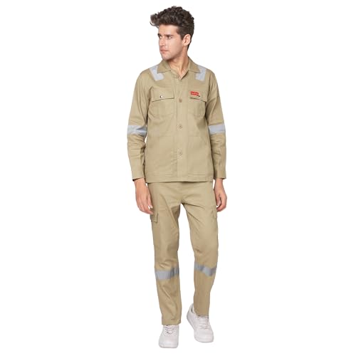 Image of Men's 100% Cotton Industrial Workwear Jacket & Pant Set with Reflective Tape, OEKOTEX, 200 GSM.