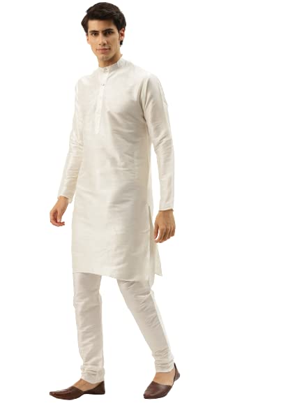 Image of SOJANYA (Since 1958 Men's Silk Blend Off White Kurta Pyjama & Maroon Self Design Nehru Jacket Combo