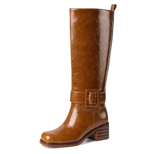 FRJR Brown Knee High Boots for Women Square Toe Chunky Low Heel Pull On Fall Long Boots Wide Calf Comfortable Biker Riding Boots