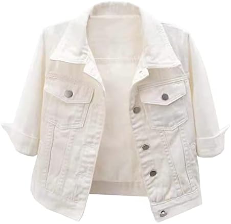 Cropped Denim Jacket for Women 3/4 Sleeve Colored Light Ripped Short Jean Jackets Lapel Button Down Trucker Coats, White