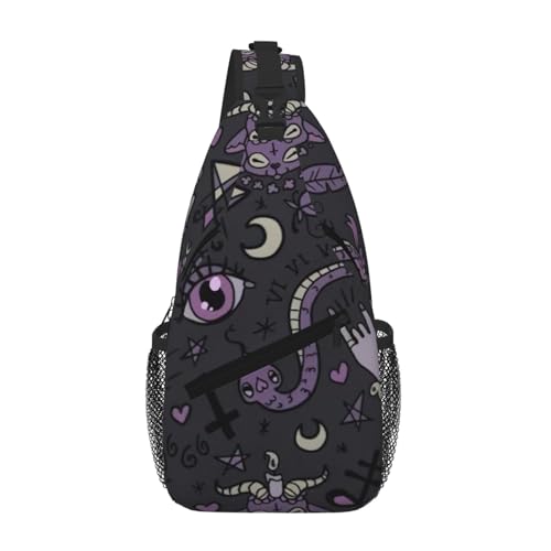 Mochila de pecho segura para evitar robos en viajes con estampado gótico morado negro