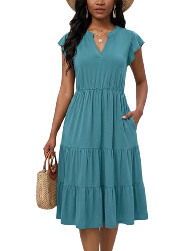 Image of Womens Summer Dress Ruffle Sleeve V Neck Midi Dresses Casual Fit Flowy Tiered Boho Beach Vacation Sundress