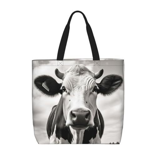 FBGHHTY Bolsa de hombro de gran capacidad con estampado de vaca en blanco y negro para mujer, reutilizable, ligera, para viajes diarios