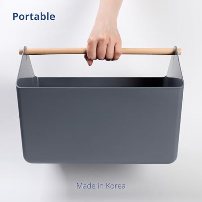 BLUE GINKGO Large Storage Basket ¨C Plastic Caddy with Wooden Handle for Bathroom, Pantry, or Cleaning Supplies (Gray)