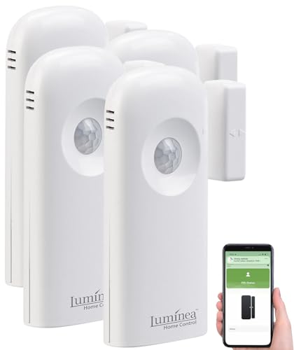 Luminea Home Control Alarm-Systeme: 4er-Set 2in1-WLAN-Tür-/Fenstersensoren und PIR-Sensoren, mit App (Smarthome Sicherheit, Türalarmsensor)