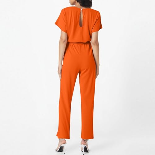 HOOUDO Ladies Jumpsuits Petite Summer Short Sleeve Playsuits Ladies Plain Casual Wide Leg Pant Belted Romper Formal Wedding Overalls Baggy One Piece Outfits Dungarees My Orders Orange - Image 4