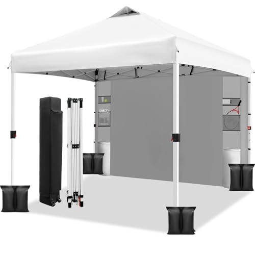 WEIZE 10x10 Pop Up Canopy Tent,One-Button Push Setup,Pop Up Tent with 1 Sidewall and 6 Pockets,Adjustable Height Instant Portable Shelter,4 Weight Bags,Sun Shade for Events & Beach (White)