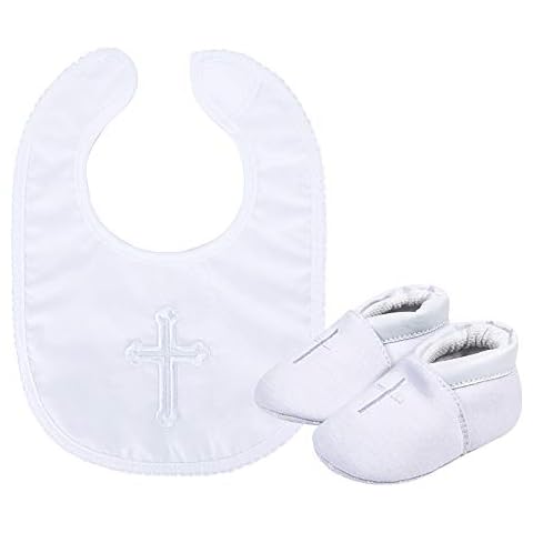 Baby Boys' Premium Soft Sole Cross Christening Baptism Slipper Shoes with Embroidered Cross Bib, 2 Pack 12-18 Months Cover