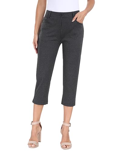 MoFiz Women's Capri Pants for Summer - Houndstooth Pull-On Stretch Straight Leg, Golf Yoga & Business Casual Dressy Work Office Cropped Pants with Pockets XL