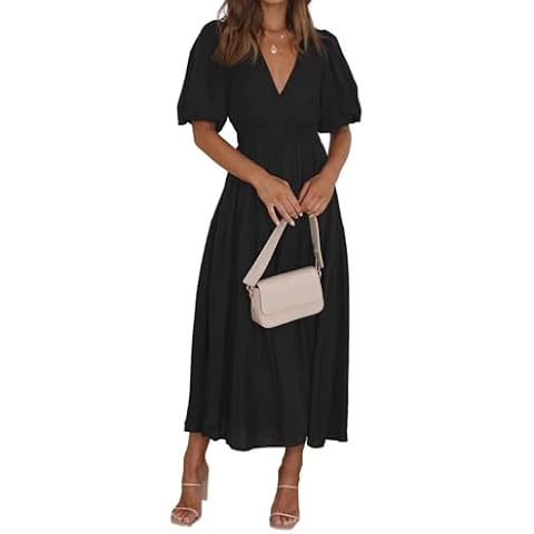 Women Summer Swing Dress Short Sleeve V Neck Casual Flowy Tiered Maxi Beach Dress Black L Cover