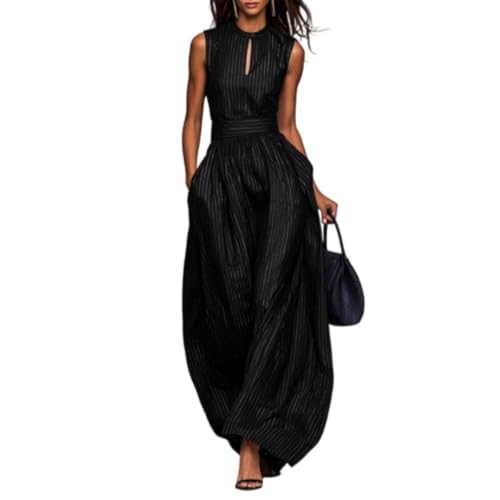 Mono palazzo a rayas para mujer con cuello alto y pierna ancha negro talla S