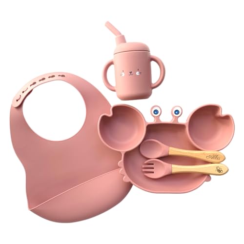 Coffret Dîner Personnalisé pour Enfant: Pack Repas Rose avec Bavoir, Verre à Paille | Idéal pour Bébé et Baptême | Cadeau Original de Naissance