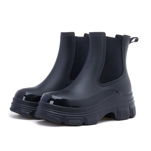 Women's Chelsea Rain Boots Waterproof Trendy Rubber Ankle Boots Comfy Round Toe Elastic Slip On Platform Short Garden Boots for Outdoor Work & Daily