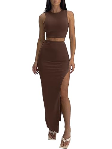 Image of ELLEVEN Sexy 2 Piece Maxi Skirt Sets for Women, Going Out Outfits | High Stretch, Lightweight, Slim Fit, Sleeveless Knit Crop Tank Top, High Slit Skirt Dress Set, Summer Date Night Outfits