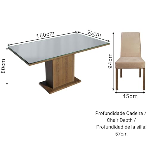 Image of Madesa 4 Seater Dining Set Rectangular Glass Table Top Sturdy Wooden with Fully Cushioned Seats 160 Cm for Dining Room and Kitchen - Brown /Gray /Beige