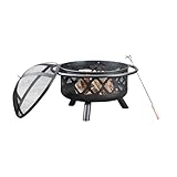 Teamson Home Round Steel Outdoor Fire Pit Outside Wood Burning Firepit Bonfire with Firebowl, Poker, Mesh Screen for Patio Garden Backyard BBQ, 30 Inch, Black