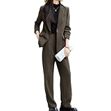 [ZHENGTU] CAIXINGYI レディース 上下 2点セット パンツスーツ ブレザー ストレートパンツ 春秋冬 長袖 無地 シンプル 着痩せ 上品 エレガント フォーマル オフィス 二次会 結婚式 パーティー 女子会 面接 通勤 就活 (コーヒー,L,L)