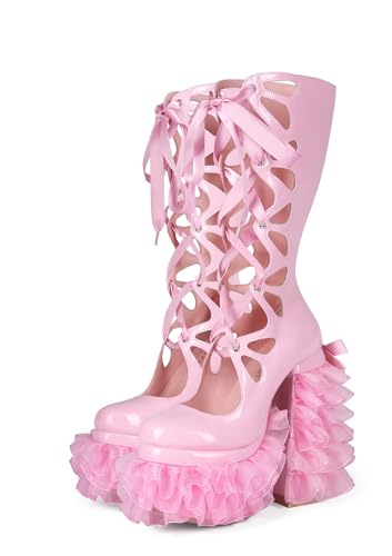 Kawaii Sweet Lolita Chunky Platform Knee High Heeled Boots, Cosplay Anime Patent Bow Ribbon Satin Lace Butterfly, Y2K Gothic Hot Cute Lovely Girl Big Large Size Shoes For Women Men3