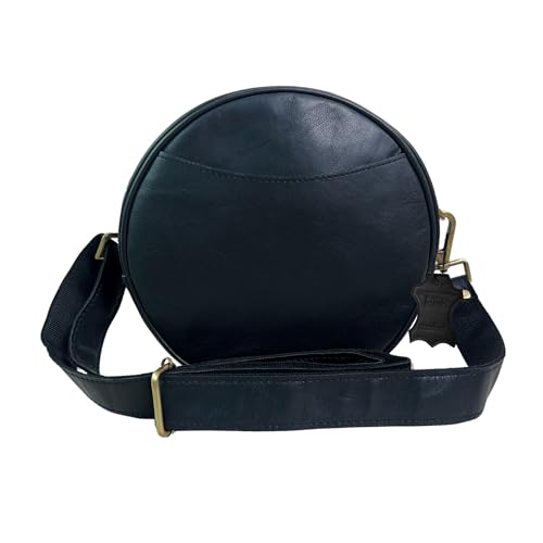 Madosh Stylish Round Crossbody Bag for Women – Small Circular Genuine Leather Purse with Adjustable Strap Black Side Shoulder Fashion Handbag