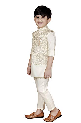 Image of Nickoteen Boy's Ethnic Wear Kurta Pyjama and Waistcoat (Cream, 14-15 Years)