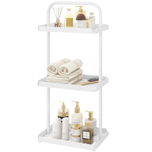 3 Tier Standing Shower Caddy Organizer, Corner Shower Shelf with Handle, Storage Stands for Shampoo, Stand Up Metal Basket Rack for Inside Bathroom, Bathtub, Office, Kitchen, White