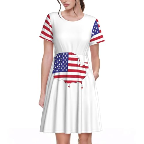 Robe d'été mi-longue EdWal à col rond et motif drapeau américain pour femme