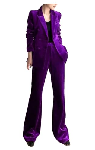 Velvet Suit Women 2 Piece Office Work Suit Notch Lapel Double Breasted Blazer Pants Business Suits Set for Women