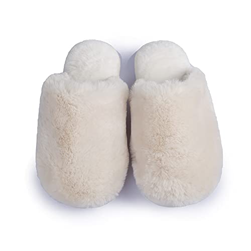 Slippers for Women Fuzzy Fluffy Memory Foam Fur Slippers Furry Womens Slippers Cozy Warm Faux Fur Bedroom Ladies Slippers Anti-Slip (Creamy-White M(US:8, 25.5CM))