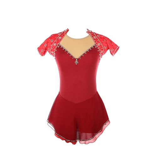Vestido de patinação artística, patchwork de dois tons com strass brilhante, mangas curtas, competiç