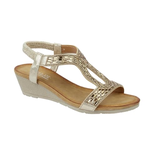 Jo & Joe Ladies Mid Heel Wedge Comfort Sandal with Glitzy Jewels and Elasticated Slingback Strap, Flexible sole sizes 4-8 (Rose Gold, UK Footwear Size System, Adult, Women, Numeric, Medium, 5)
