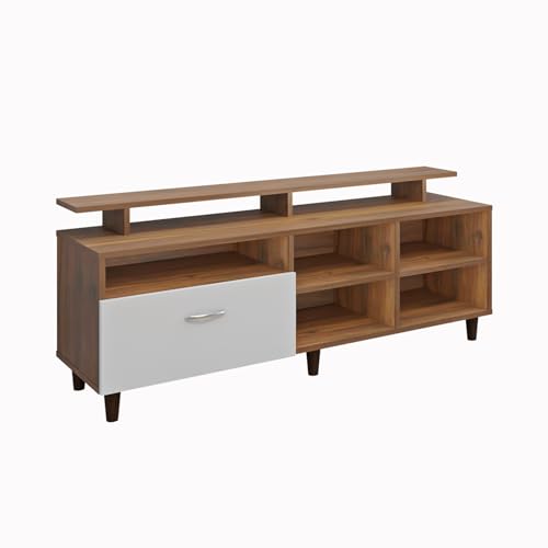 Image of VIKI Modern TV Unit for Living Room | Engineered Wood TV Cabinet with 1 Drawer Storage, 2 Open Shelves & Extension, Entertainment Unit, 140W x 48H x 40D cm | DIY | 1 Year Warranty (Walnut & White)