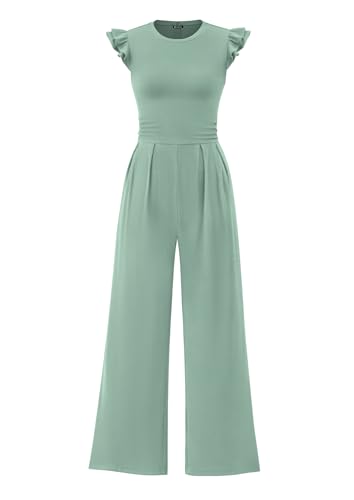 PRETTYGARDEN Summer Jumpsuits for Women Dressy 2025 Fashion Ruffle Cap Sleeve Romper Crew Neck Rib Knit One Piece Outfits (Fruit Green,Large)