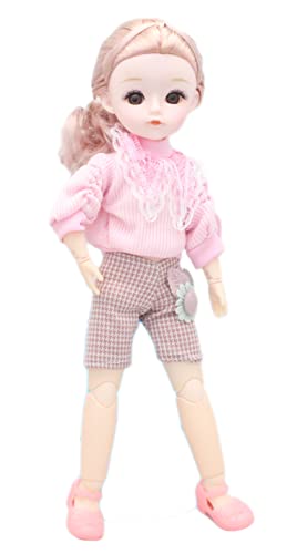 Image of Tickles Set Movable Jointed Cute Girl Brown Eyes Fashionable Doll Pink Sweater & Cap with Short for Kids Girls (Size: 30 cm Color: Pink)