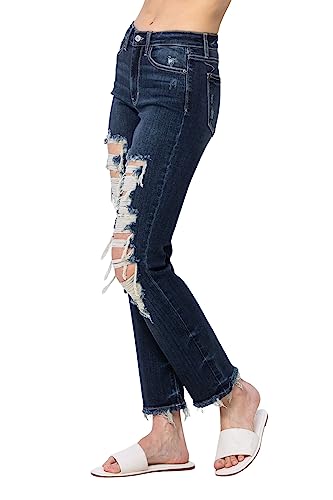 Judy Blue Women's Mid-Rise Heavy Destroy Straight Leg Jeans2