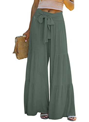 Nirovien Womens Wide Leg Palazzo Lounge Pants High Waist Smocked Beach Pants Linen Casual Tiered Trousers(Dark Grey,L) #TOP17