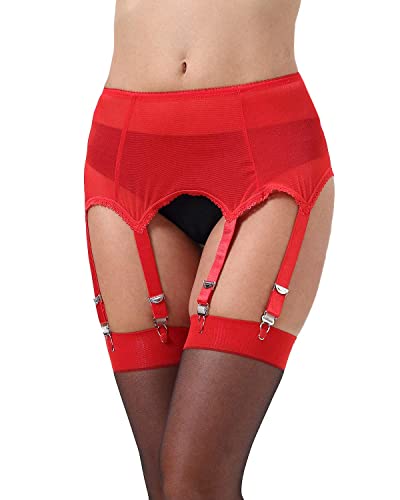 Women's Mysterious Sexy Mesh Garter Belt With 6 Straps Vintage Metal Clips For Stockings (Medium, Red) #TOP5