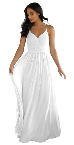 Image of LANGKAAO Women's V Neck Bridesmaid Dresses Long for Wedding A-Line Chiffon Open Back Formal Gown with Pockets
