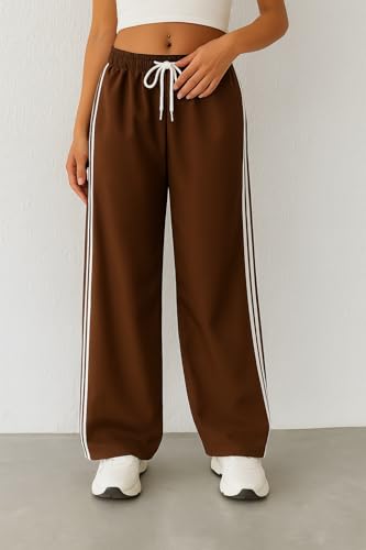 Image of SAKHWALA Women Track Pant | Women's Wide Leg Track Pants High Waist Drawstring Sweatpants with Side Stripes, Casual Loose Fit Lounge Joggers, Dark Grey