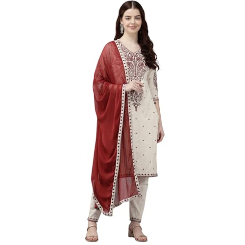 Image of Vedic Cotton Kurta Pant Set With Dupatta For Women Festival Wear | Printed Kurta Pant and Dupatta | Embroidered Straight Kurta Pant With Dupatta Set For Women