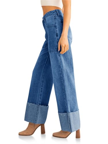 PLNOTME Womens Baggy Cuffed Jeans Casual Straight Leg Boyfriend Denim Pants with Pockets2