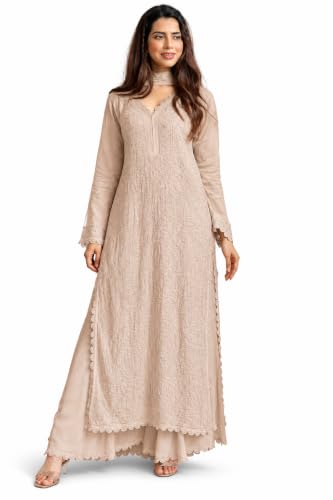 KYNORA Women's Beige Chikankari Anarkali Kurta Set - Image 2