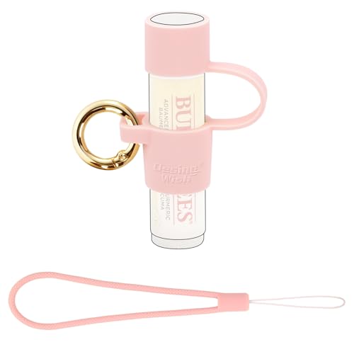 Desing Wish Silicone Chapstick Holder with Cap Cover 0.6 Diameter Portable Lip Balm Holder Key Chain Sleeve Chapstick Keychain Holder with Wrist Strap Lanyard - Pink