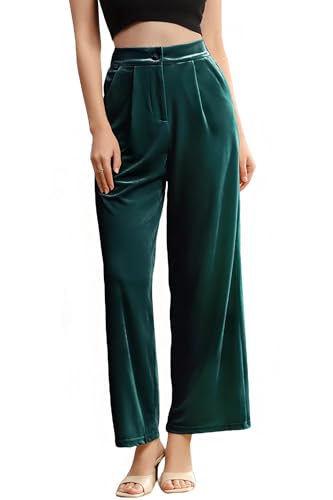 Velius Womens Velvet Elastic Waist Flare Leg Long Palazzo Pants with Pockets (Medium Green01)