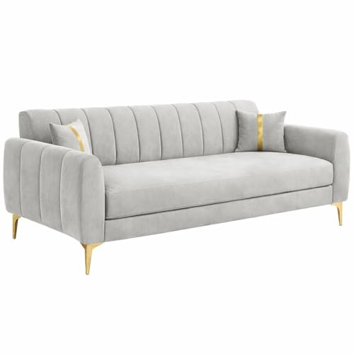 Image of Hermione Luxe Velvet-Suede Fabric 3 Seater Sofa | Comfortable Seating | Modern Sofa for Living Room in Light Gray