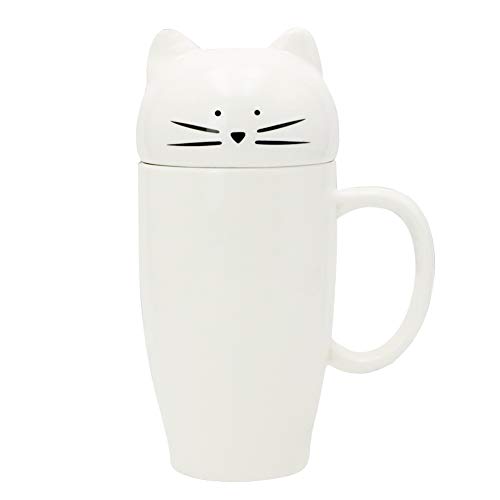 Free Shipping Offer Koolkatkoo Cute Cat Ceramic Coffee Mug with Lid for Cat Lover Unique Cup Porcelain Tea Mugs Gift for Girls Women 15 oz White