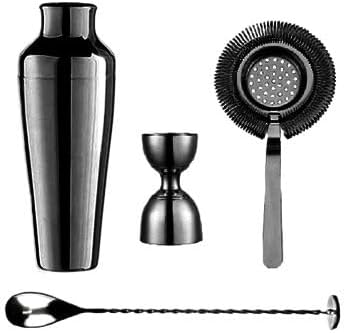4pcs Copper Gold Plated Cocktail Shaker Set, Professional Bar Tool Kit for Home Bartending with Elegant Finish(Black Set)