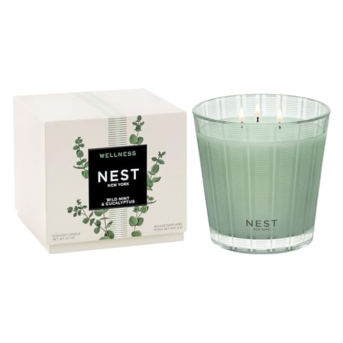 NEST New York Scented 3-Wick Candle, Wild Mint & Eucalyptus - 21.2 oz - Up to 100-Hour Burn Time - Reusable Glass Vessel